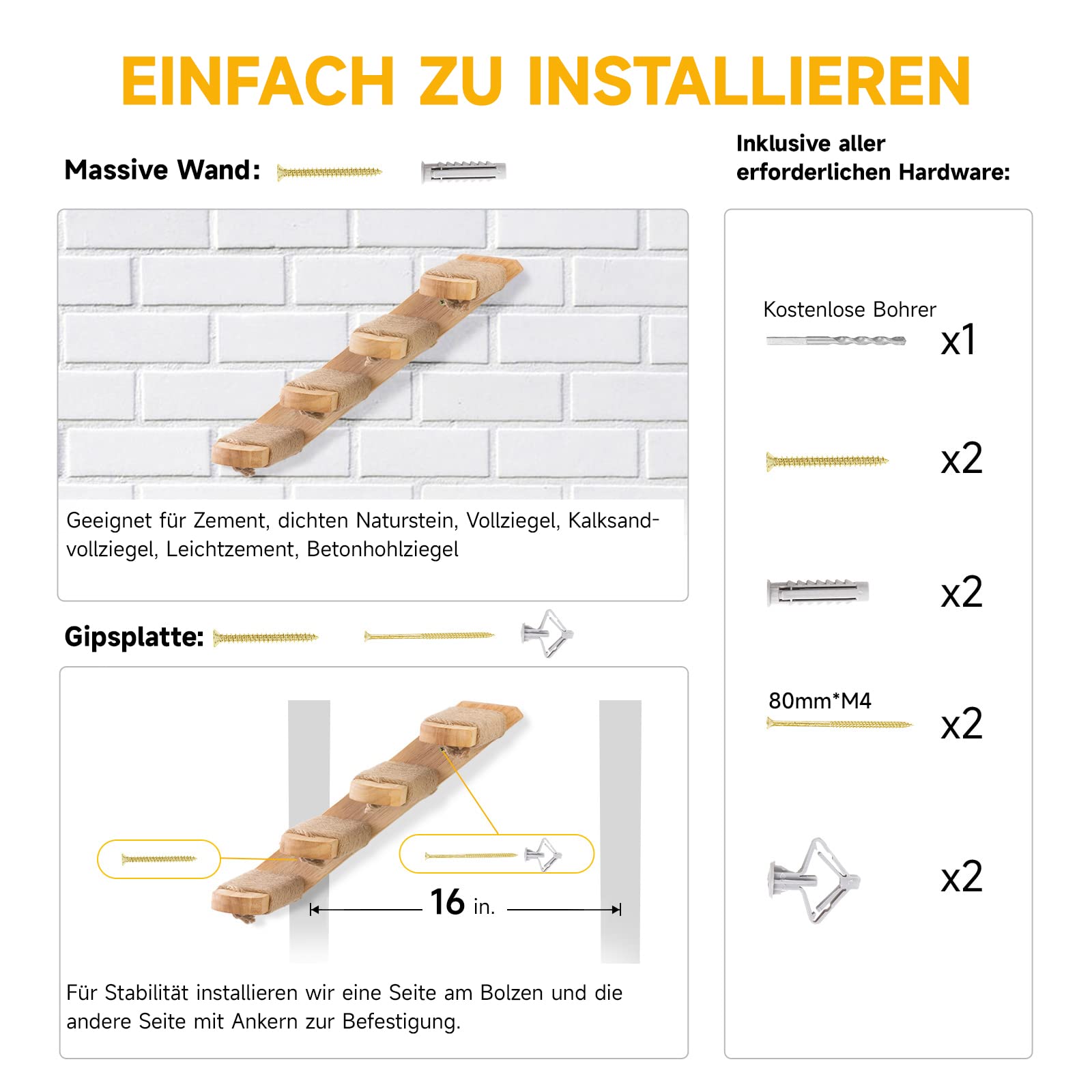 FUKUMARU Kletterwand für Katzen, Katzentreppe Wand, Wandliege aus Massivem Gummiholz, für Katzen bis 15 kg, mit Juteseil zum Kratzen, 40cm