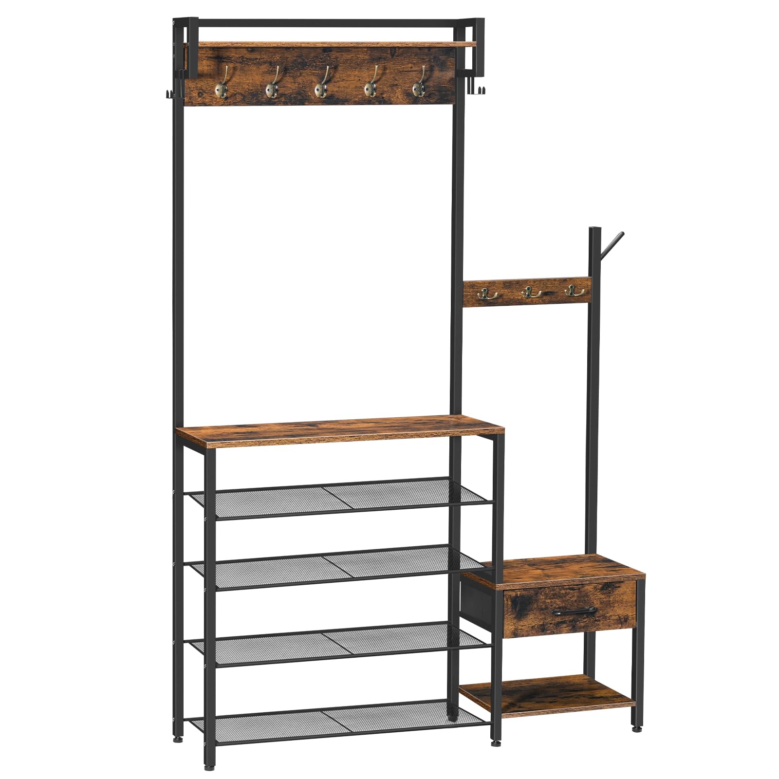 hoobro hall tree, entryway coat rack shoe bench, shoe and coat rack for entryway, hall tree coat rack, with non-woven fabric drawer, for entrance, foyer, rustic brown and black bf113mt01