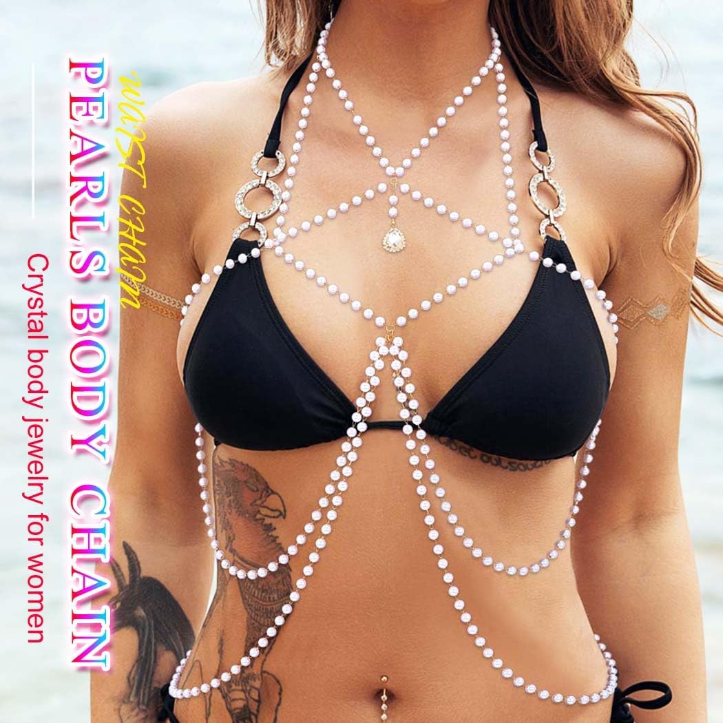 Nicute Pearl Body Jewelry Layered Necklace Body Chain Sparkly Summer Beach Bikini Bra Accessories for Women - Image 5