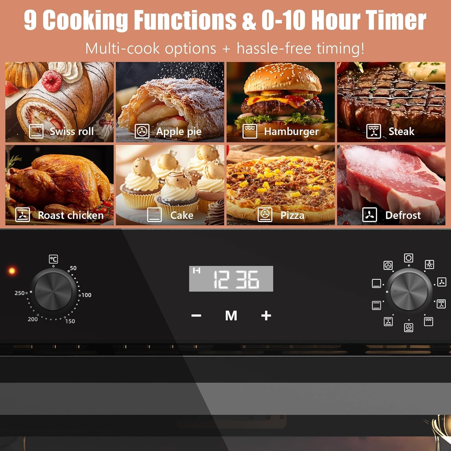60cm Einbaubackofen 60 Liter 2800W 9 Funktionen Drehknopf Timer 10h Doppeltes Oberrohr Ventilator 230V