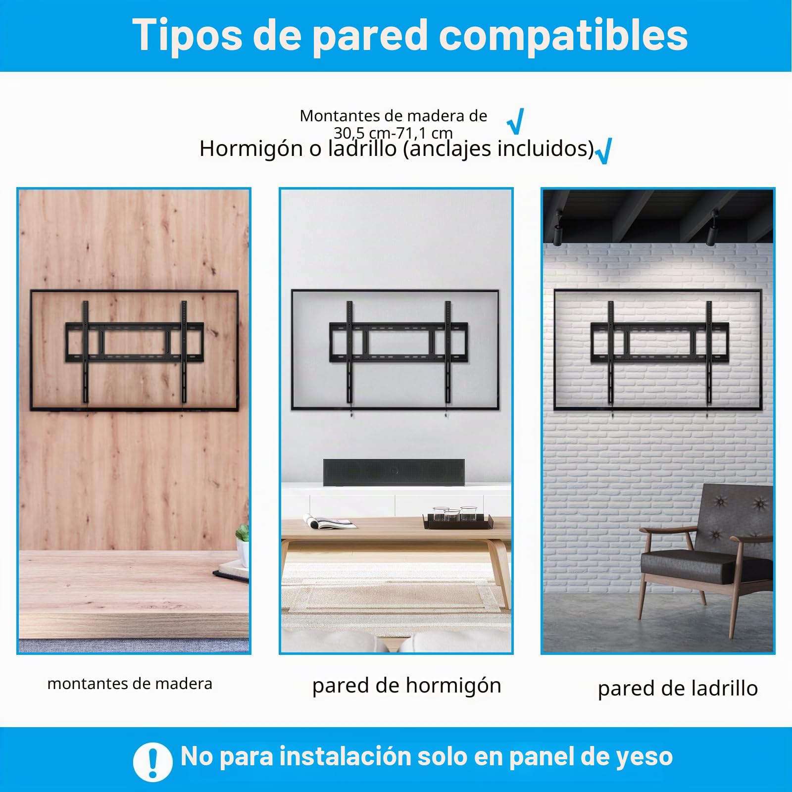 HOME VISION Soporte de pared fijo resistente para TV con capacidad para hasta 120 kg, para la mayoría de televisores curvos planos de 48 a 120 pulgadas, soporte de montaje en pared, pernos de 16, 18 y