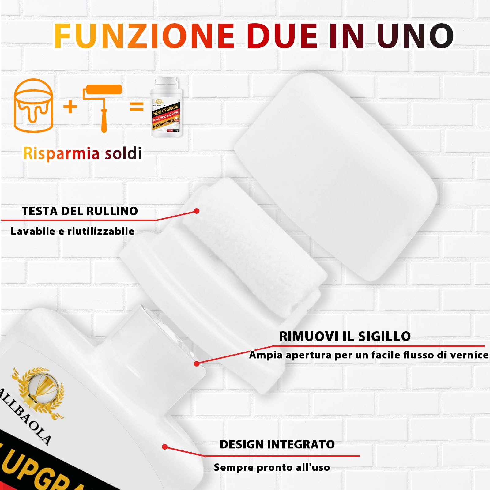 Rullo per Vernice Bianca, Vernice Bianca Muro Interno, Portatile Rullo per Pittura, Vernice Bianca a Rapida Asciugatura a Base d'Acqua, Rullo Pittura pittura da parete per pareti