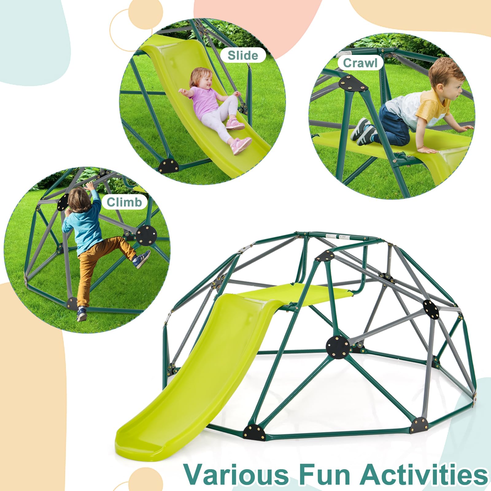 HOMASIS Struttura da Arrampicata per Bambini da Giardino a Cupola, Parco Giochi Esterno con Scivolo e Sedile, Scala da Arrampicata per Bambini dai 3+ Anni, Portata fino a 280 kg (Grigio + Verde)