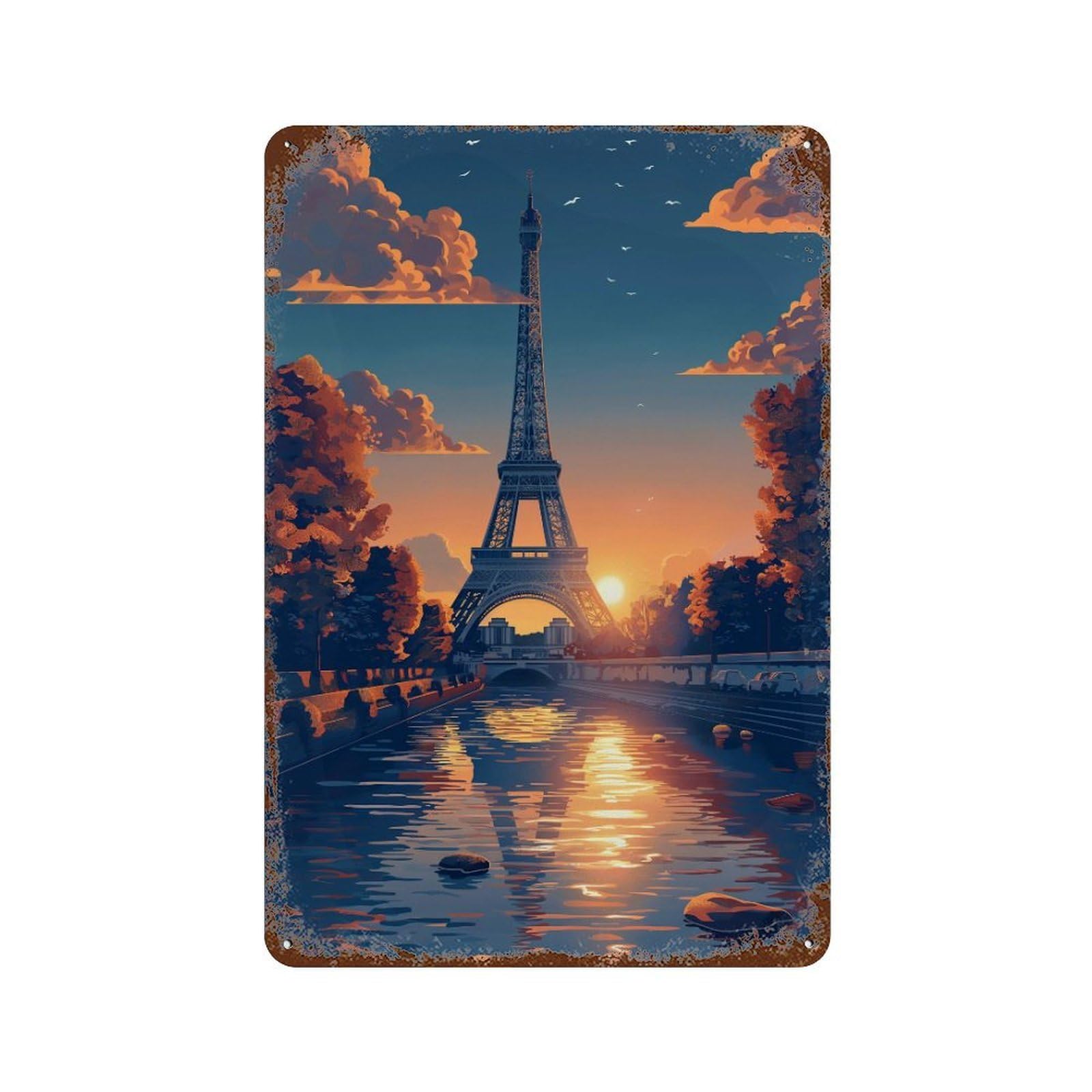Eiffel Tower Reflections Rust Effect Tin Sign 11.8"x7.9", for Farmhouse, Kitchen And Entryway Decor, Decorative Metal Wall Art