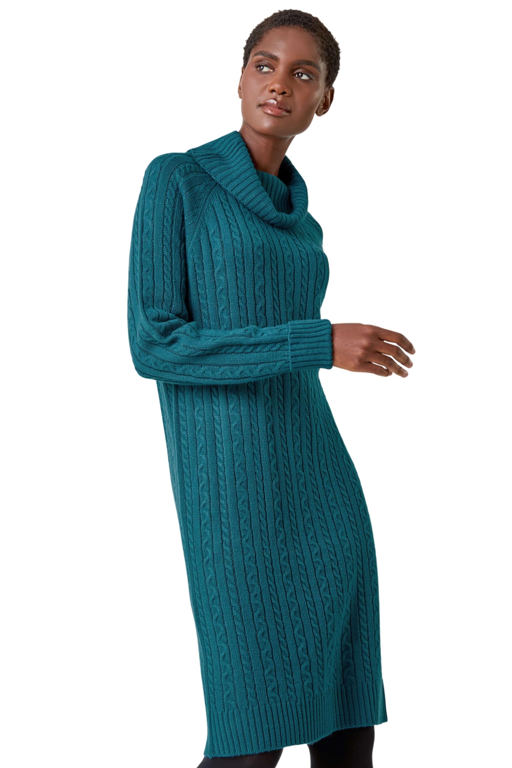 Roman Roll Neck Knitted Jumper Dress for Women UK - Ladies Autumn Everyday Winter Holiday Cowl Neckline Comfy Long Sleeve Soft Rib Detail Frock Desk to Dinner Gowns - Teal - Size 18