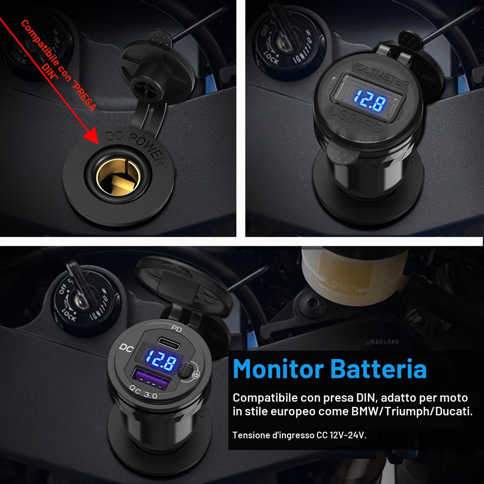 Presa DIN a USB C Caricabatterie per Moto: Qidoe Metallo Dual Porte QC3.0 e PD3.0 Adattatore Din Hella a USB con Voltmetro Interruttore per 12-24 V Motocicli Europei Ducati/Triumph/BMW