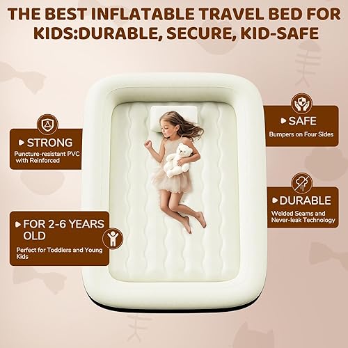 Miniatura 3 de Cama inflable de viaje para niños pequeños, colchón de aire portátil de 60 pulgadas con cuatro lados de seguridad, bomba de alta velocidad y bolsa