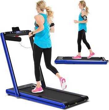 GYMAX 2 in 1 Under Desk Treadmill, Folding Running Machine with Dual LED Display, APP & Remote Control, Walking Pad Jogging Machine for Home Gym Small Space Navy