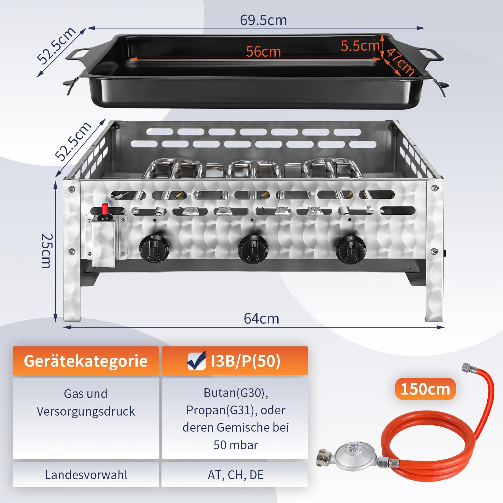 TLSUNNY Edelstahl Gasbräter 3-flammig 12 kW, Gasgrill Kommerzieller, Profi Gastrobräter & Tischbräter mit Emaille-Grillplatte, Gleichmäßig Tischgrill für Gastronomie, Outdoor, Garten, 69x52x27 cm