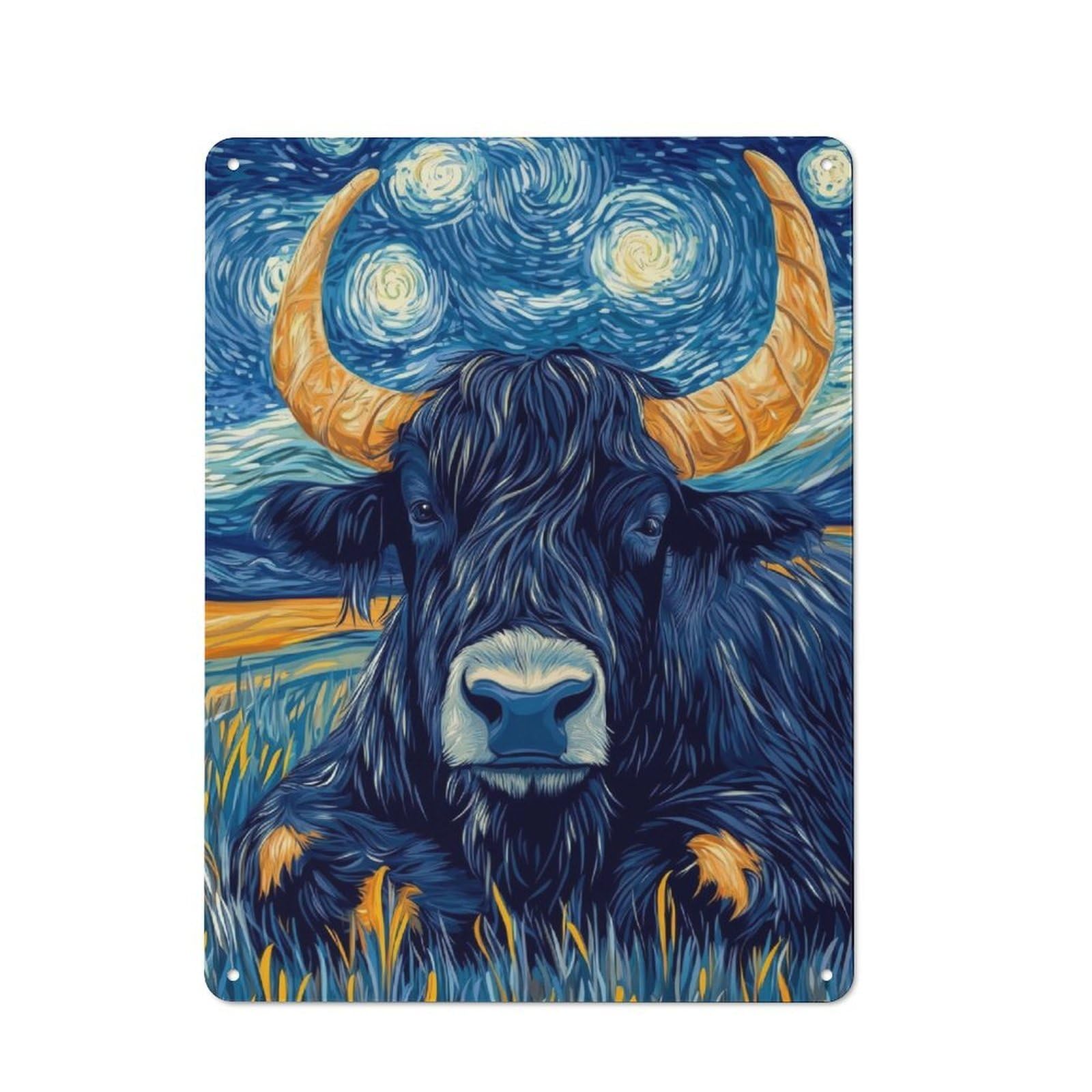 Junmoney Starry Night Bull Rustic Tin Wall Plaque 40X30cm For Studio Or Craft Room, For Garage, Workshop And Man Cave Decoration