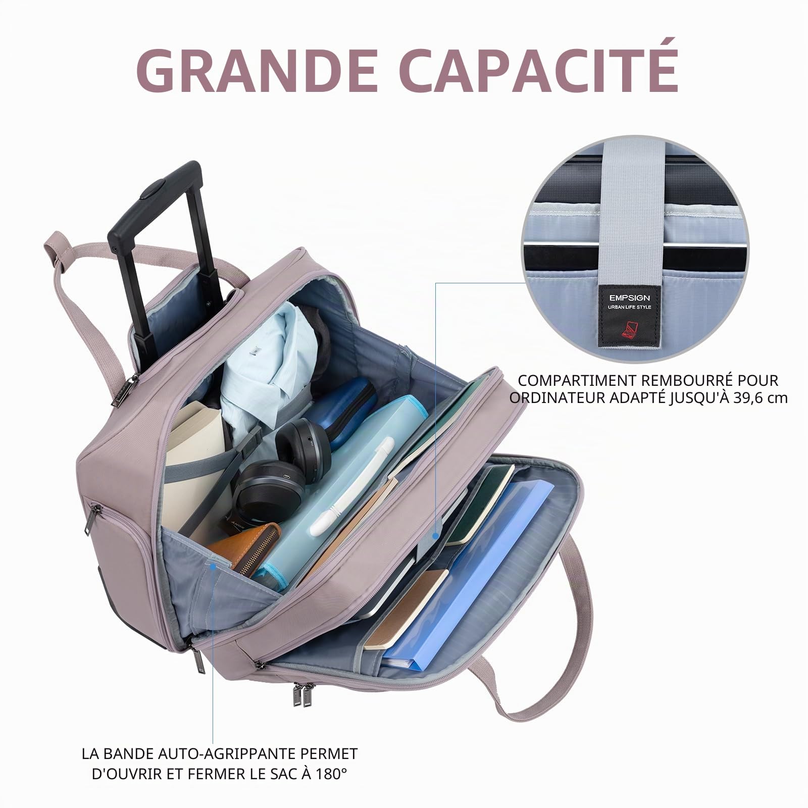 EMPSIGN Sacoche à roulettes pour Ordinateur Portable 15,6 Pouces Imperméable Trolley avec Poches RFID, Rose