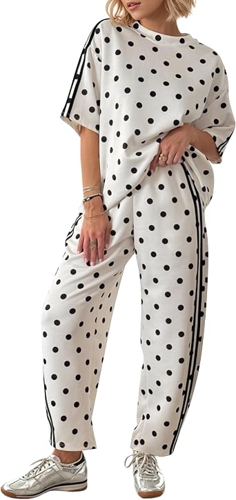 Burtell Women 2 Piece Polka Dot Sets Airport Travel Matching Lounge Sets Short Sleeve T Shirts Barrel Pants Vacation Outfits