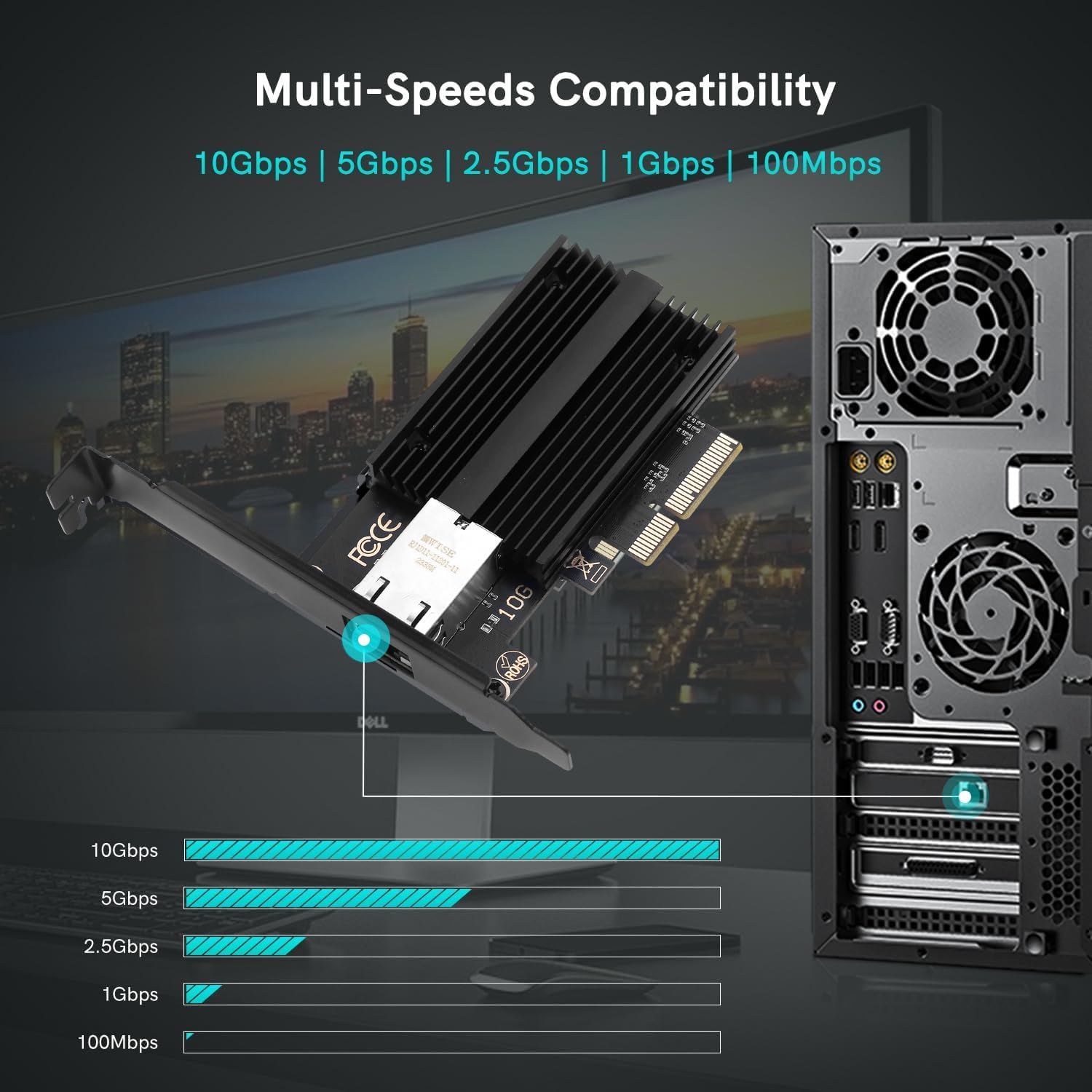 Carte réseau PCIe 10G, carte réseau Marvell AQC113 10GBase-T avec port RJ45, compatible avec les emplacements PCIe x4/x8/x16 pour Windows 10/11 et Linux