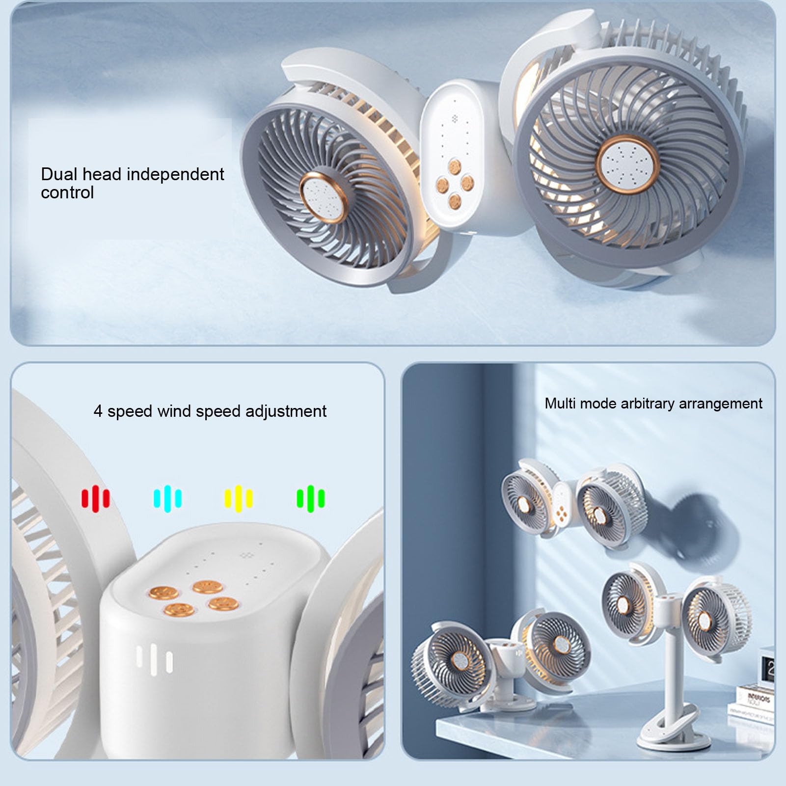 Brrnoo Ventilatore da Tavolo a Doppia Testa Ventilatore da Tavolo a Doppia Testa a con Clip Rotazione a 360° 4 velocità Altezza Regolabile Morsetto per Luce