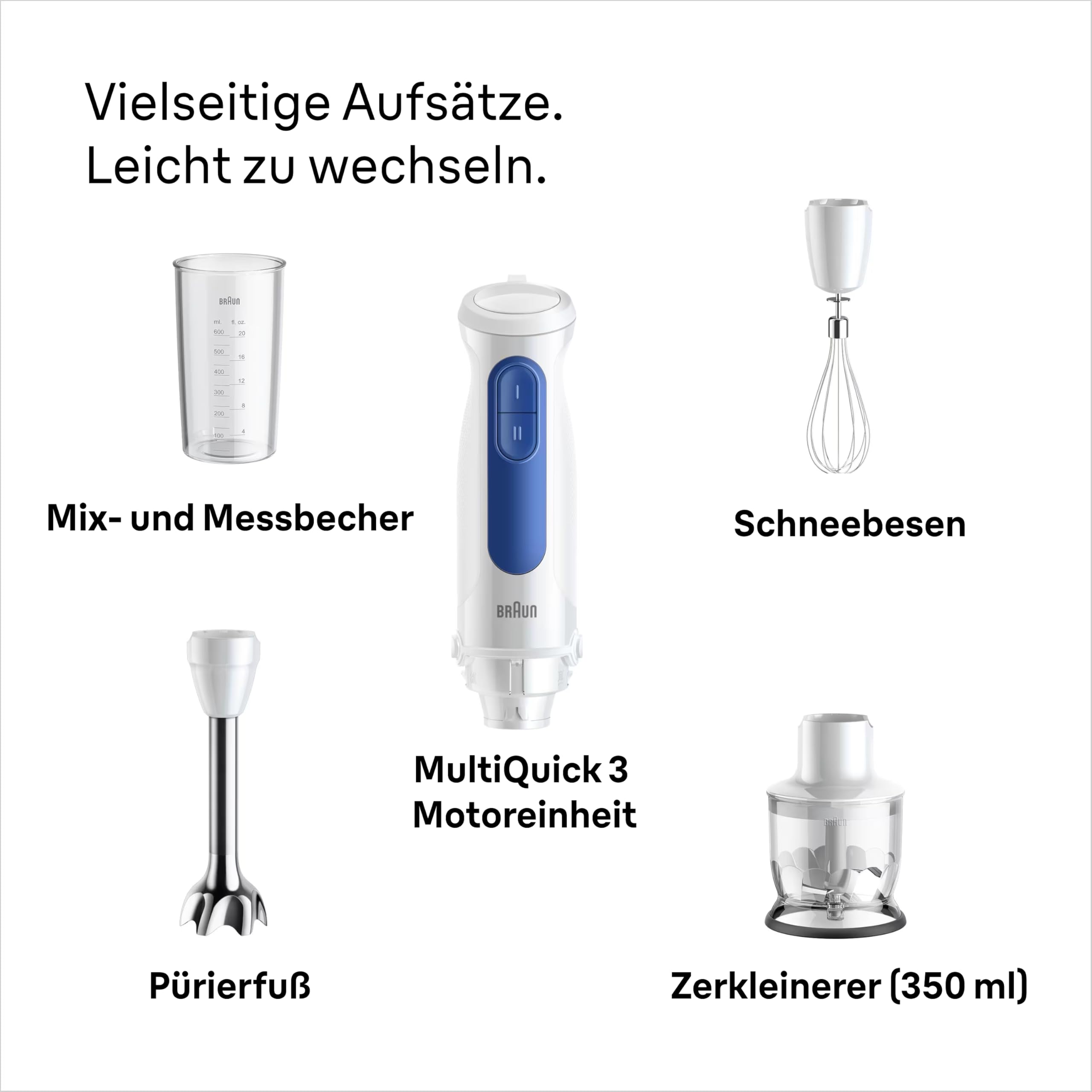 Braun Stabmixer MultiQuick 3 MQ 30202 M - Elektrischer Stabmixer mit PowerBell VPlus Technologie, 2 Geschwindigkeiten, EasyClick Plus System, 3-teiliges Zubehör-Set, 900 Watt, Weiß