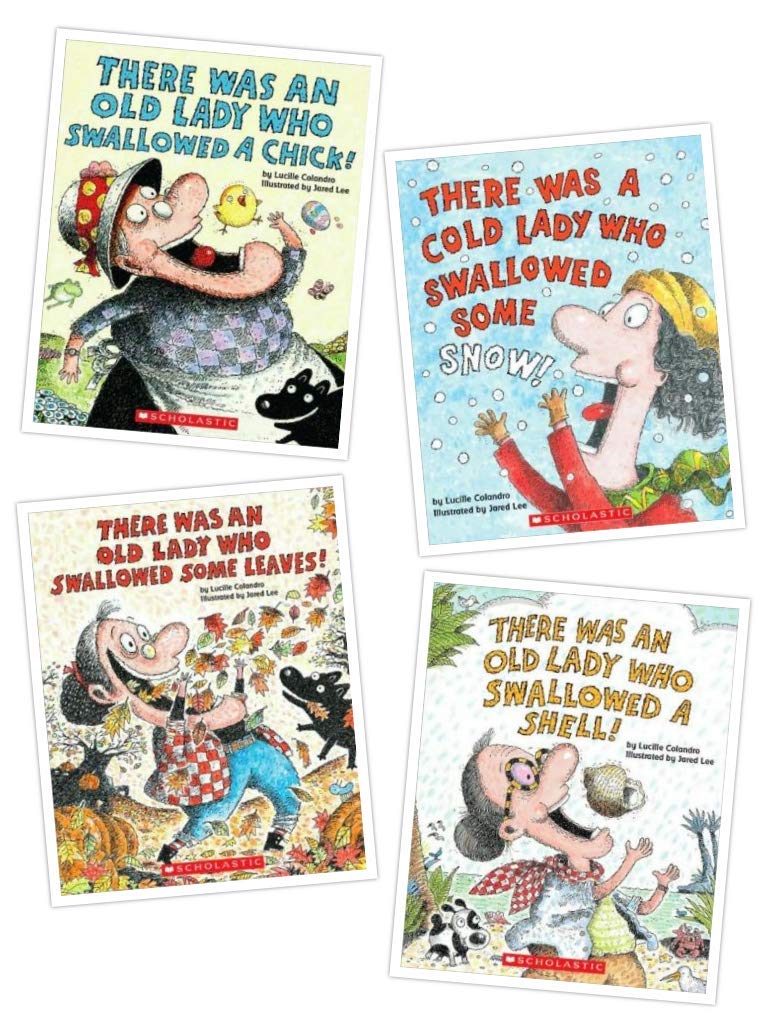 There Was an Old Lady Set of Four Books By Lucille Colandro Includes There Was a Cold Lady Who Swallowed Some Snow!, There Was an Old Lady Who Swallowed a Shell!, There Was an Old Lady Who Swallowed a Chick!, and There Was an Old Lady Who Swallowed Some Leaves! Paperback
