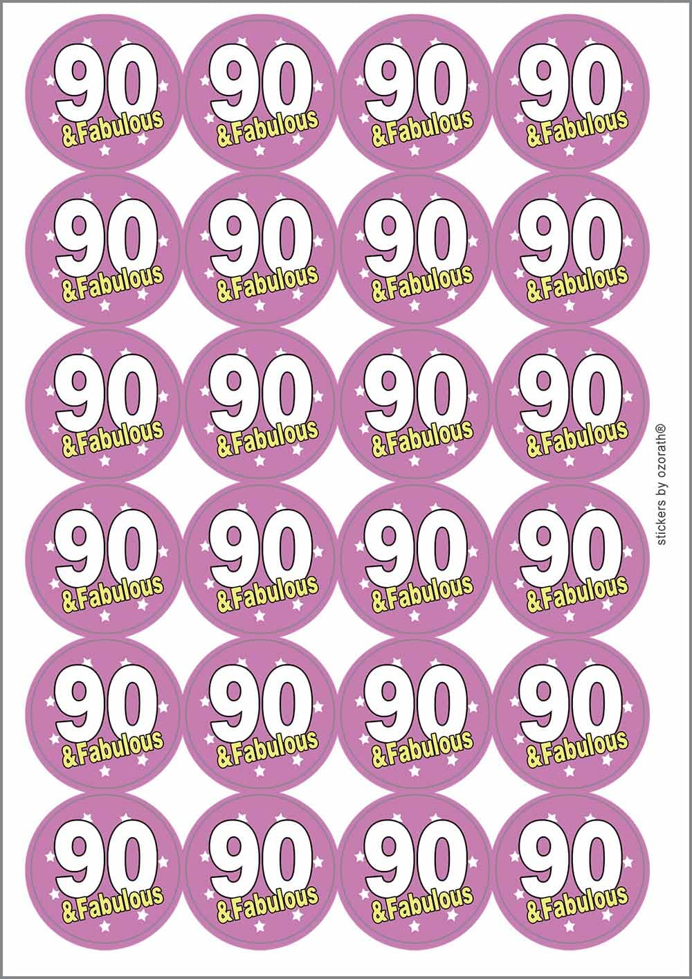 90 Ninety Ninetieth 90th Fabulous Birthday Circular Matt Paper Stickers A4 Sheet of 24 (Each Sticker is 45mm Diameter)