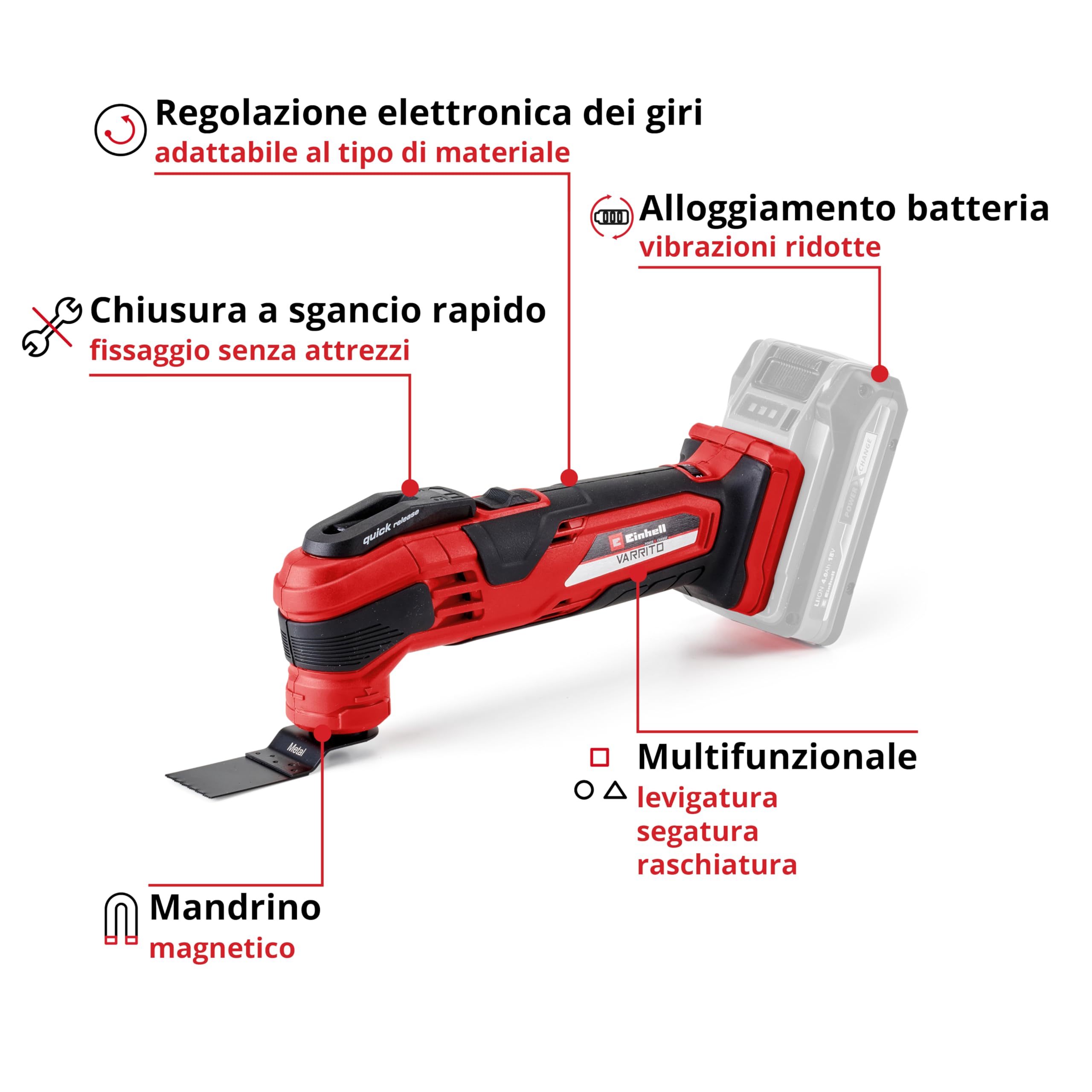 Einhell Utensile Multifunzionale a Batteria Varrito, Nero/Rosso, Solo: Senza Batteria o Caricabatterie