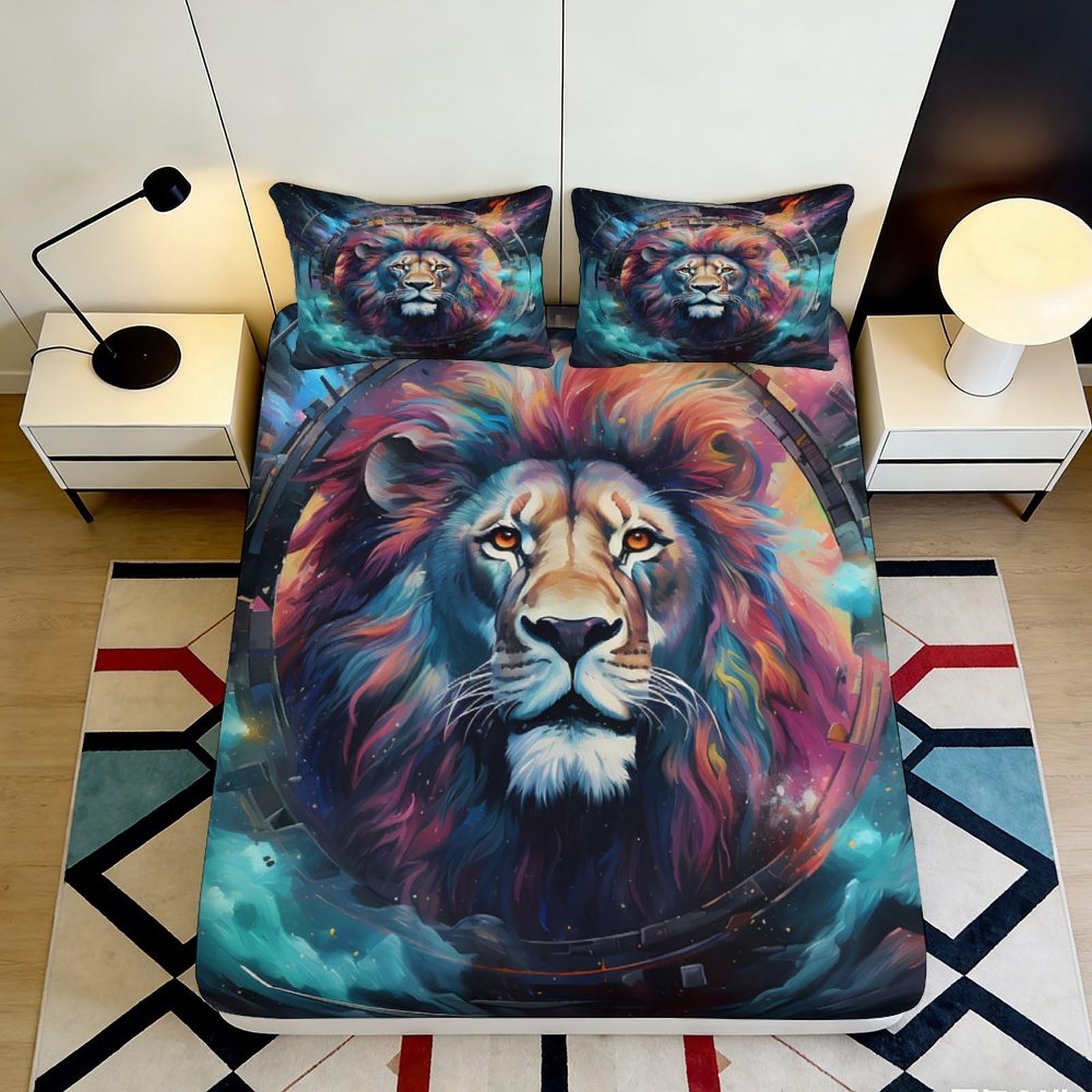 3D Printed Vibrant Lion Fitted Sheet Microfiber Soft Bed Cover Abstract Mane Mattress Cover for Bedroom Dorm Decor 90x200x25cm