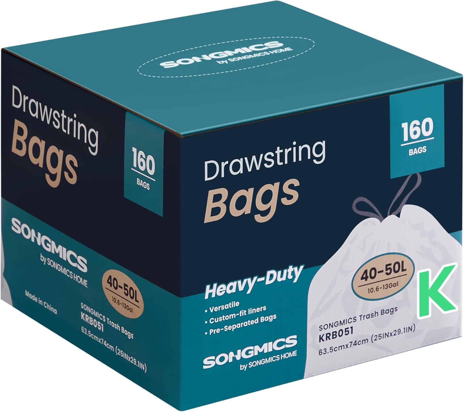 SONGMICS Trash Bags for 13-Gallon (50 L) Trash Cans, Drawstring Kitchen Garbage Bags, Pre-Separated, Quick-Dispense Box, Liner Code K, 4 Rolls, 160 Count, White UKRB051A04