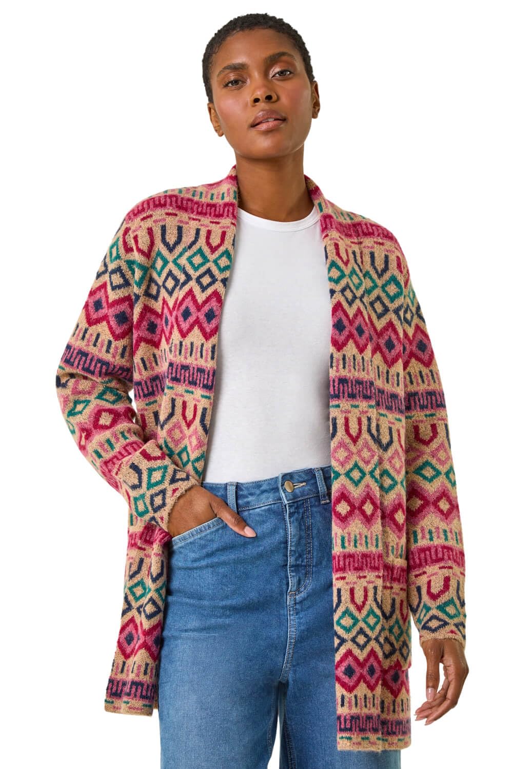 Roman - Women's Cardigan - Geometric Pattern - Size 18 - Natural
