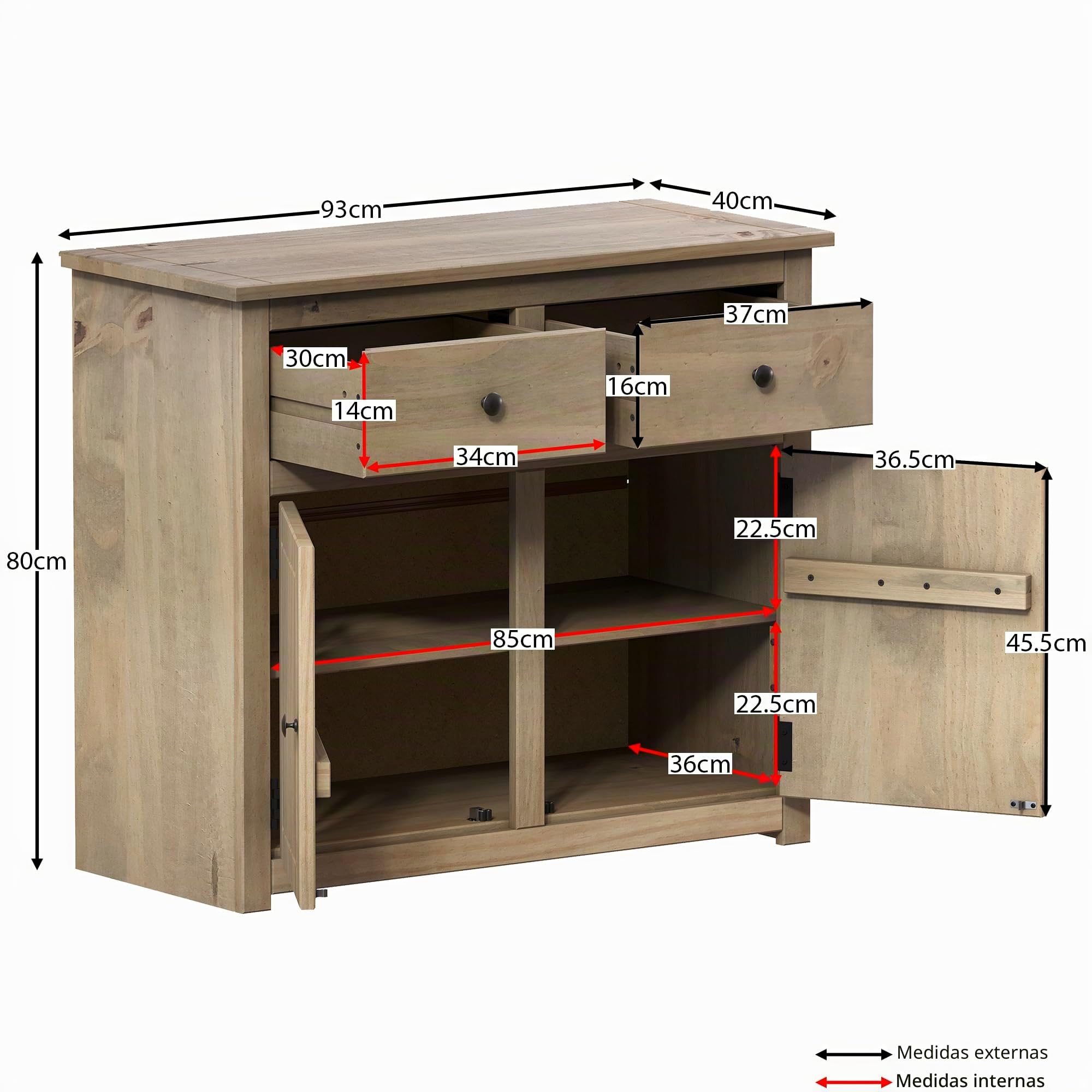 Home Discount Panamá - Aparador con 2 Puertas y 2 cajones. Mueble Resistente en Color Roble Natural y Encerado.