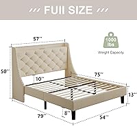 Vista 2 de Feonase - Base de cama tamaño completo con respaldo de alas de lujo y estación de carga rápida, base de cama tapizada con botones y cabecera de Beige