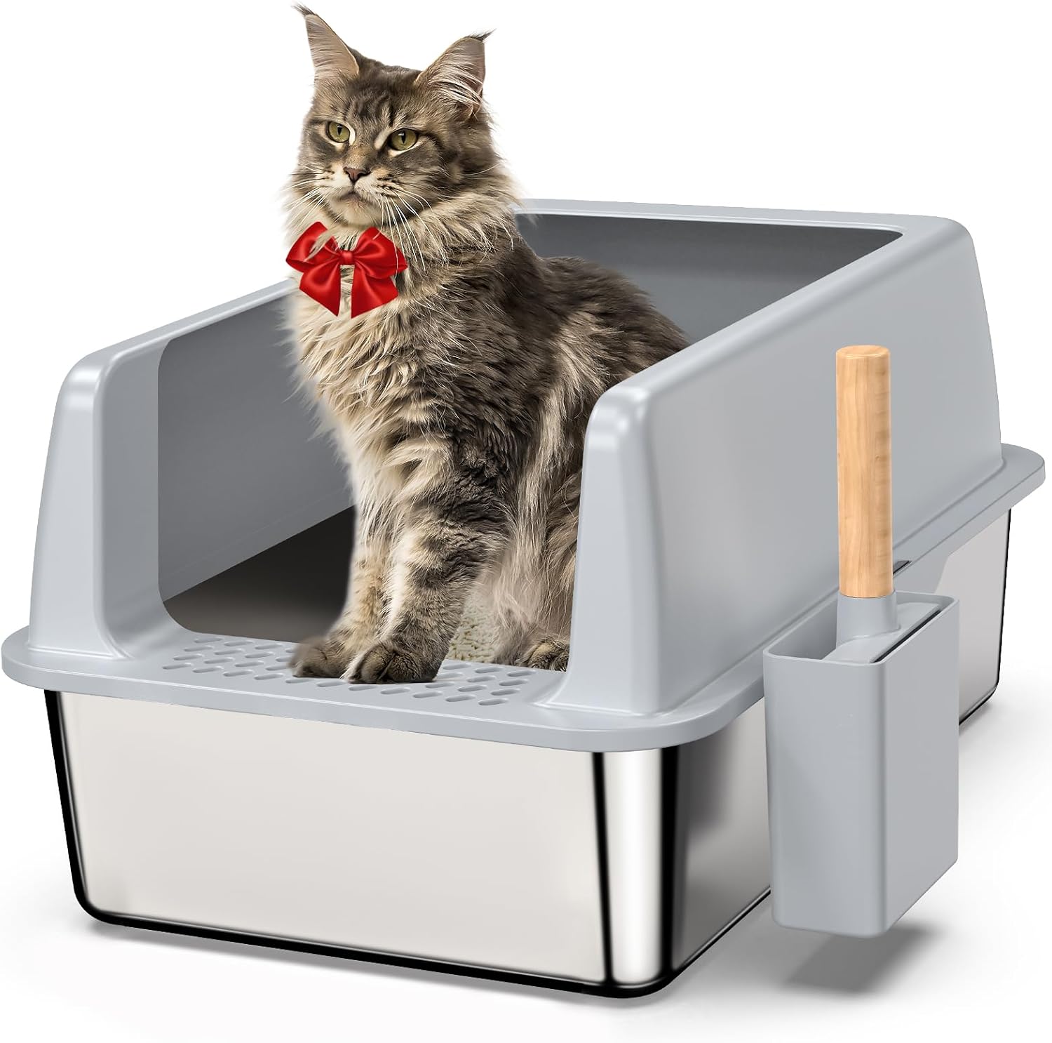 Caja De Arena Para Gatos De Acero Inoxidable Con Tapa, Lados Altos  Antisalpicaduras Bloquea Los Olores Facil De Limpiar Tamano Grande Para Ma  95017658