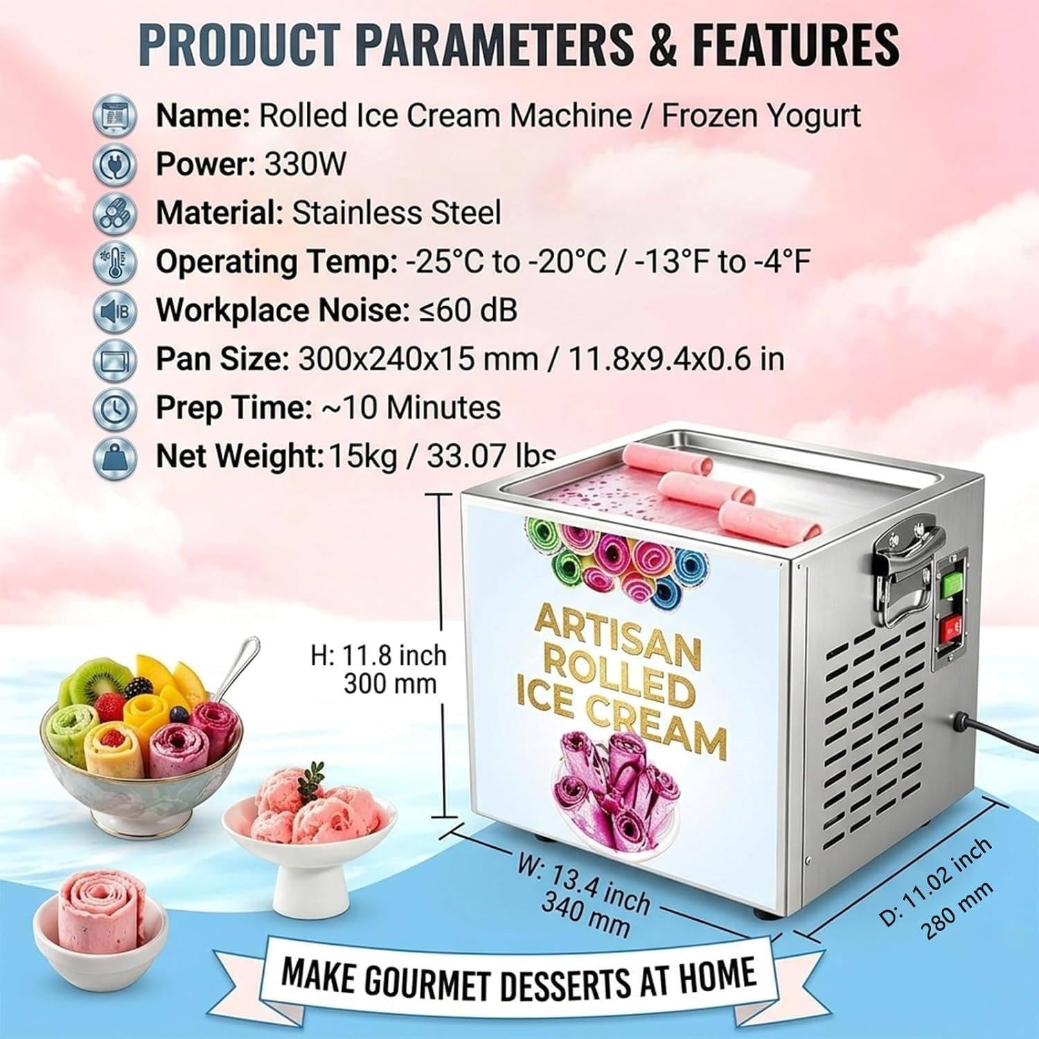 Máquina para Hacer Helado Enrollado de Acero Inoxidable de 330 W | Diseño de refrigeración con tubo de cobre en forma de anillo, base antideslizante, para el hogar, tienda, 34 × 28 × 30 cm