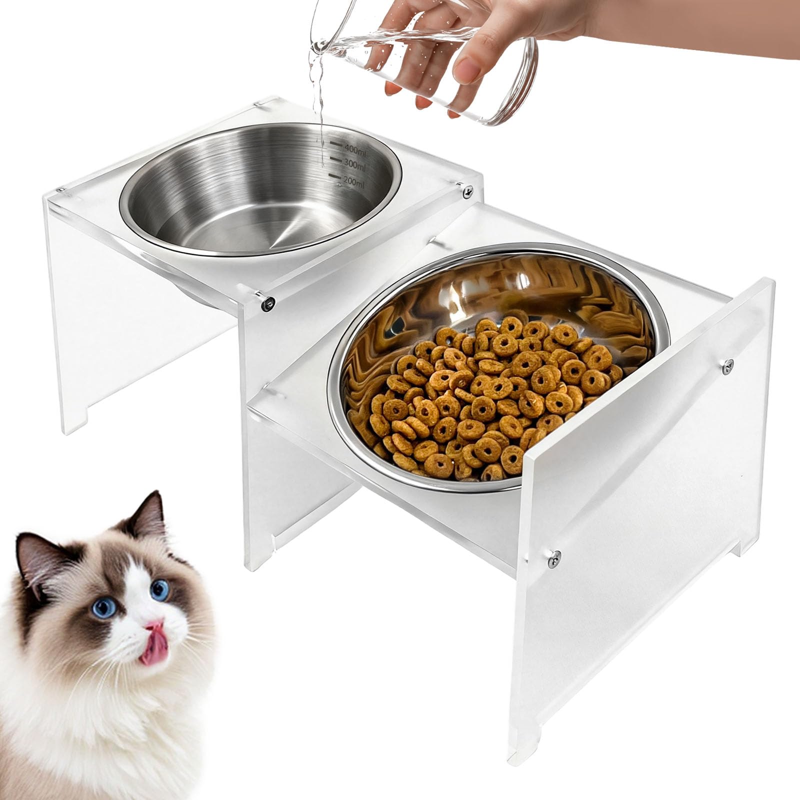 Daily Treasure Elevated Cat Bowls,2 Stainless Steel Raised Dog Dishes with 15°Tilted Anti-Slip Acrylic Stand, Puppy Food and Water Bowl Set with Independent Height Compartments Stand,for Small Animals