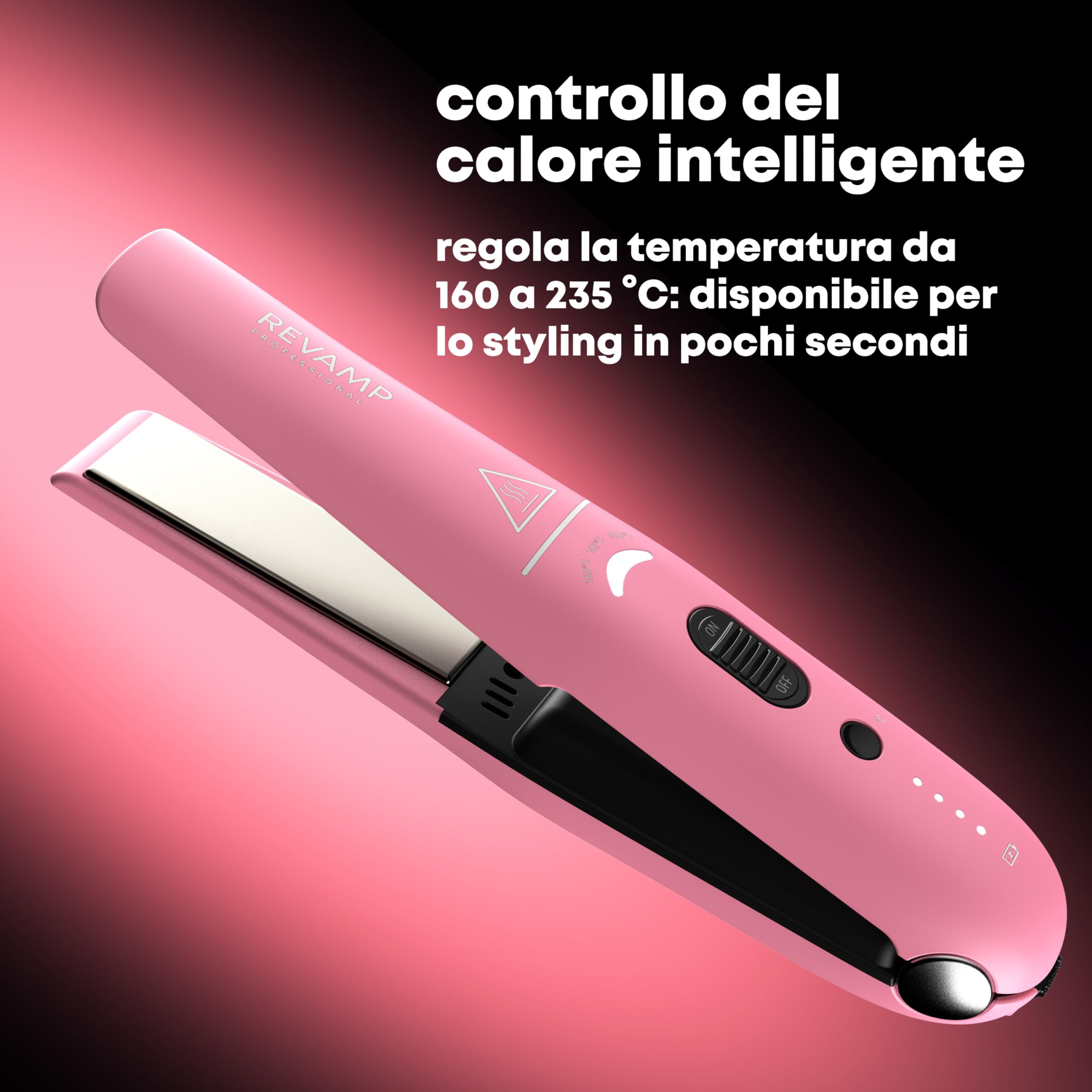 REVAMP Progloss Liberate Compact, Piastra per Capelli Compatta in Ceramica Cordless con Tecnologia Ionica, Infusa con Oli Liscianti Anticrespo, Temperatura 160°C-210°C, Rosa