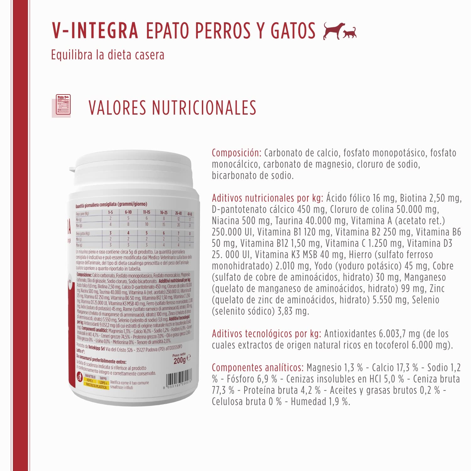 V INTEGRA Epato 200g, Suplemento de Vitaminas y Minerales para Equilibrar Las Dieta Casera de Perros y Gatos Que Requieren Restricción de Cobre, Vitaminas para Perros y Gatos Made in Italy