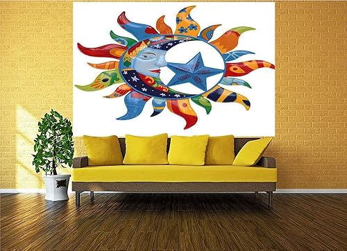 Miniatura 2 de Vinilo decorativo para pared, diseño artístico de sol con flores de verano, estrellas de luna de media luna decorativo, despegar y pegar
