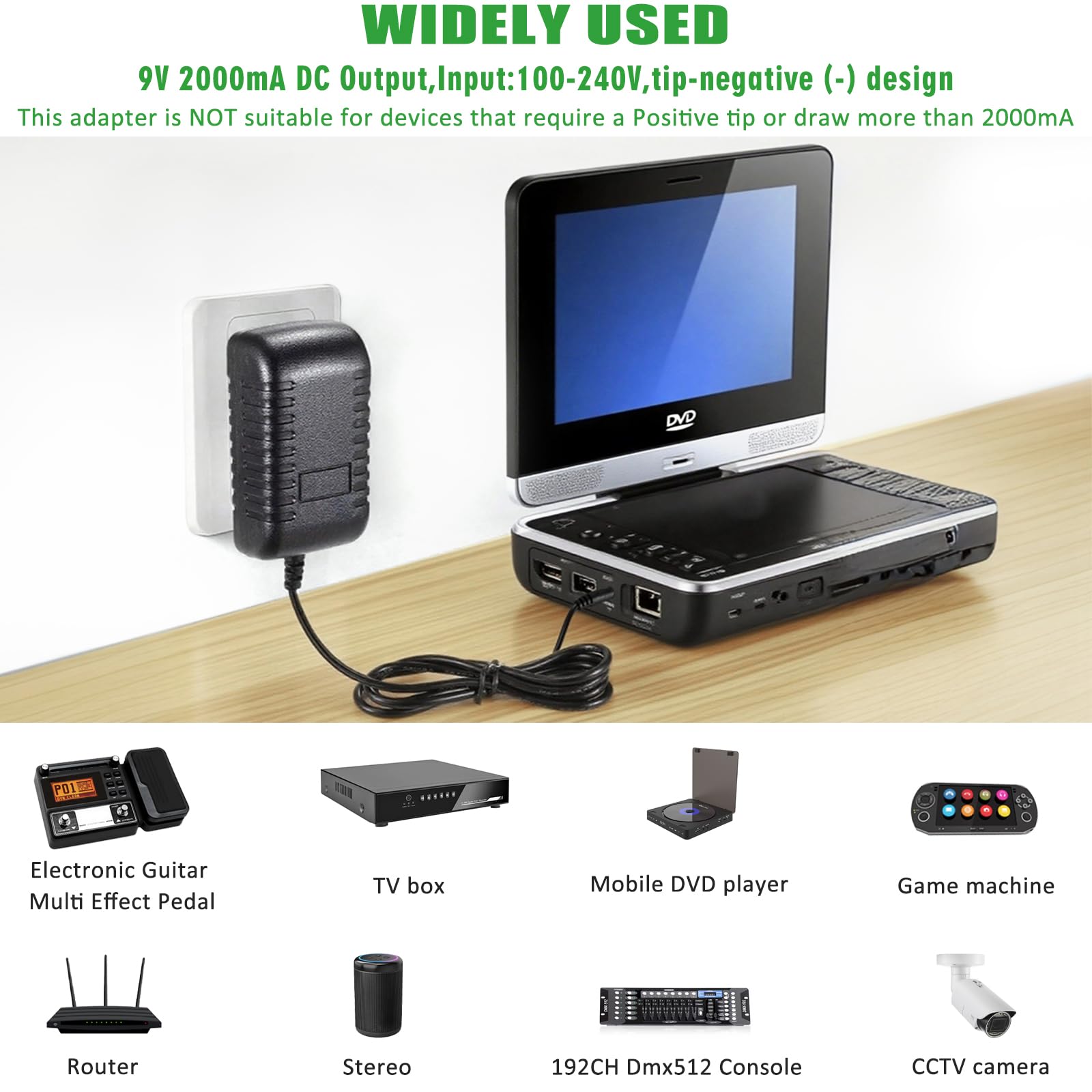 Akcesoria 12 V DC zasilacz sieciowy 12 V do gitary pedałowej, 12 V 2000 mA kabel do ładowania do fortepianu, keyboardu, efektów gitarowych, przejściówek, elektrody ujemnej