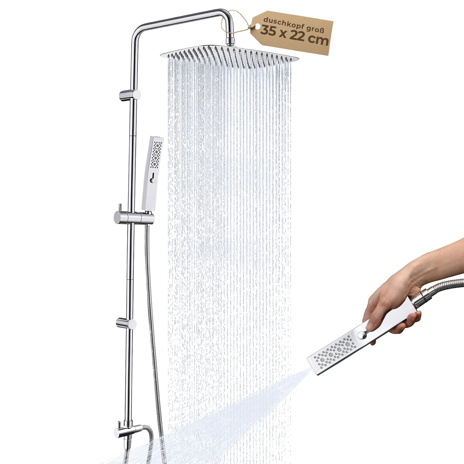 Ganzmetall-Duschsystem mit 35 cm Regendusche | 2-Strahl-Handbrause mit Power-Strahl, an vorhandene Bohrlöcher anpassbar, korrosionsbeständig, ohne Armatur, Chrom