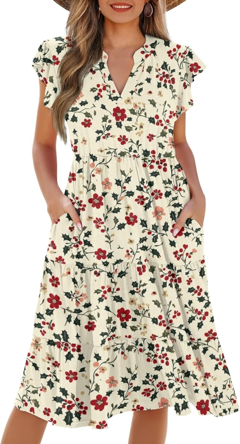 Womens Casual Dresses Summer Ruffle Sleeve V Neck Empire Waist Midi 2025 Fashion Fit Smocked Tiered Boho Sundress