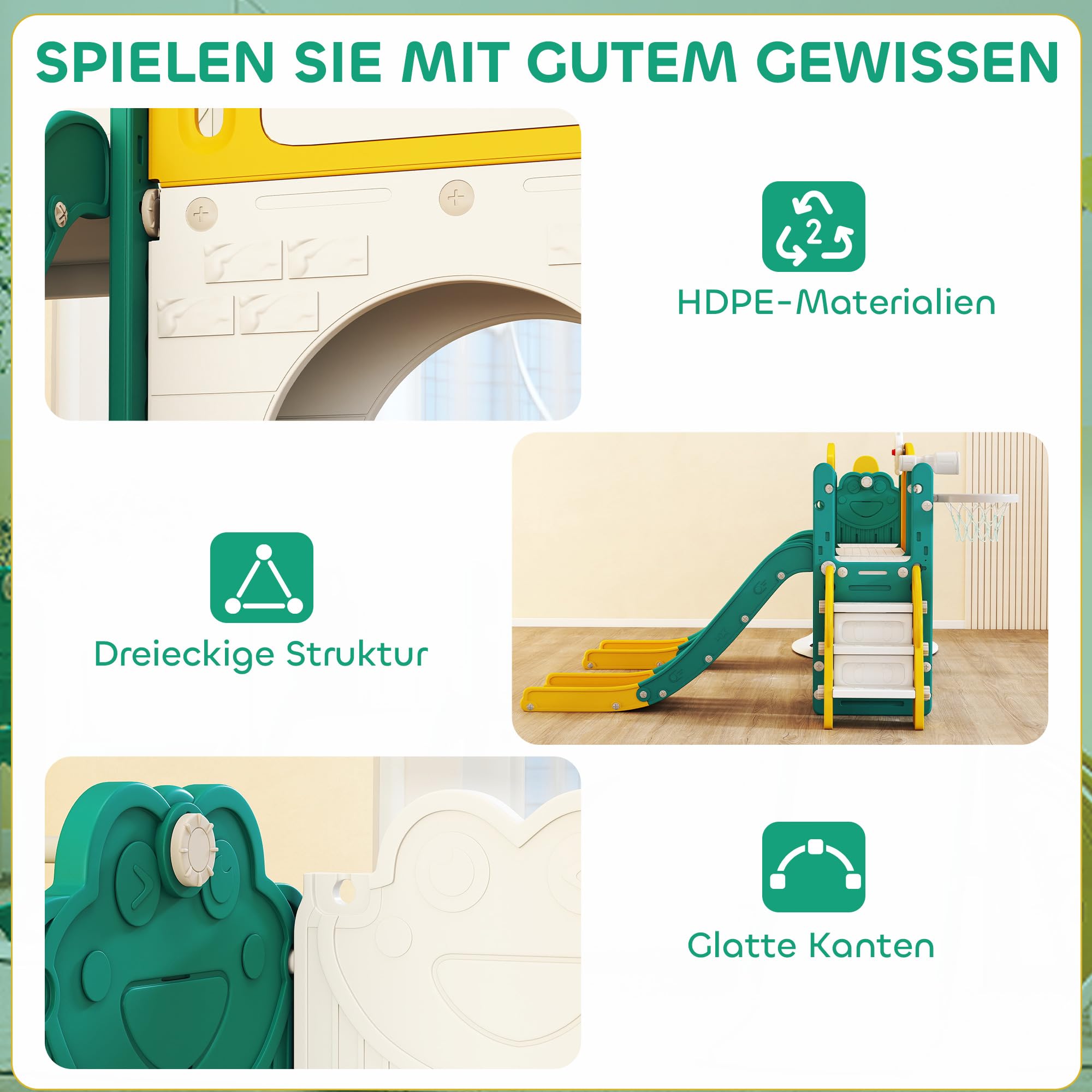 AIYAPLAY Kinderrutsche Kleinkind Rutsche mit Basketballkorb für 1-3 Jahre | 9 in 1, 2 Rutsche, Klettergerüst, Schaukel, Tunnel, Fernrohr, Reißbrett, Froschmotiv, Aufbewahrungsbox, Indoor Outdoor