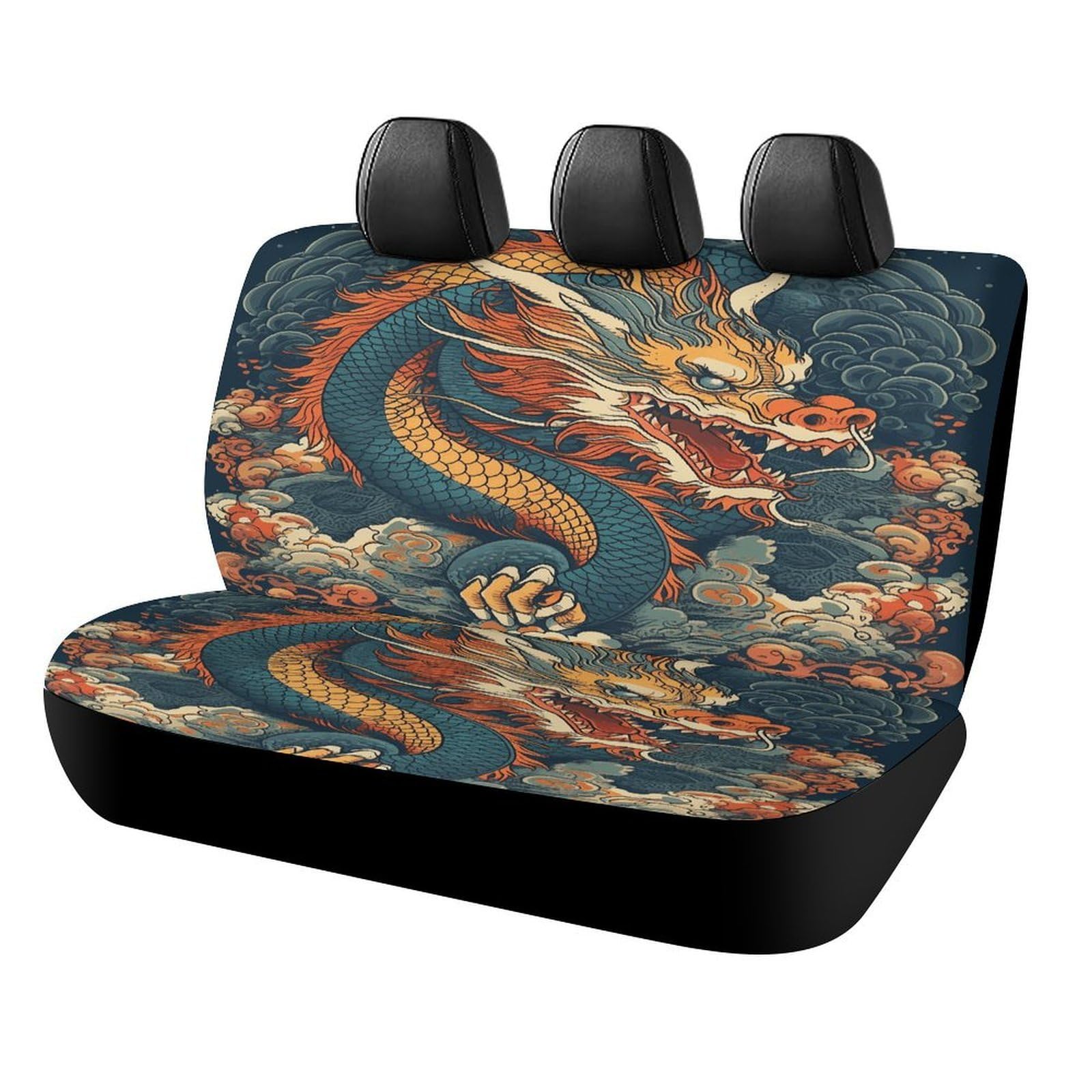 Funda de asiento trasero para coche, camión y SUV con diseño duradero de dragón retro suave 8