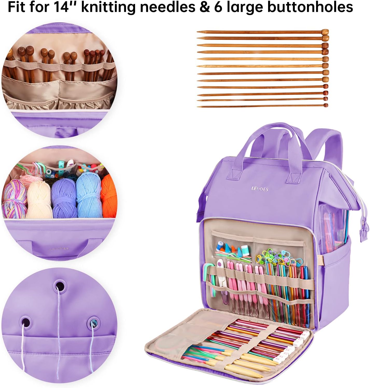 Leudes Knitting Bag Backpack,Yarn Storage Organizer Large Crochet Bag Tote Christmas Gift Yarn Holder Case for Carrying Projects,Knitting Needles (Purple)