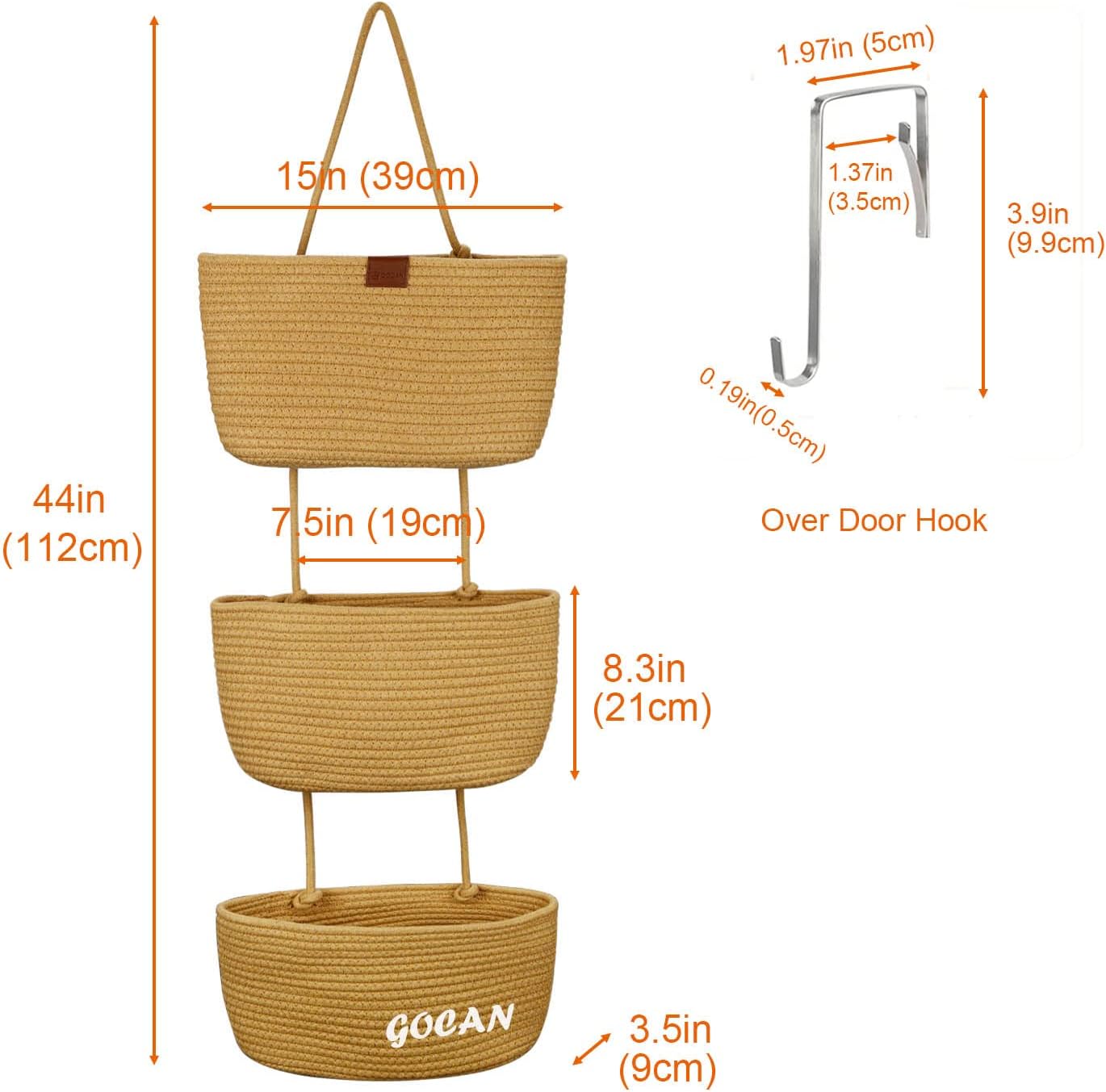 GOCAN Hanging Storage Baskets Over the Door Hanging Basket, 3-Tier Cotton Rope Woven Hanging Organizer, Detachable Decorative Hanging Baskets for Wall Living Room, Bathroom and Bedroom(Jute)