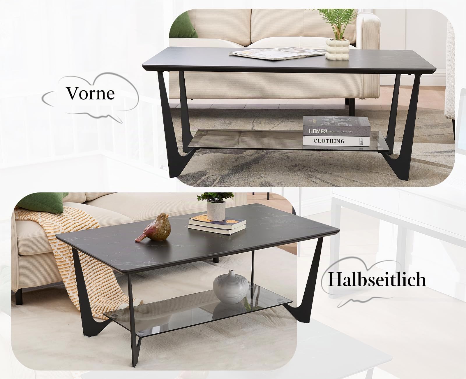 chairus Couchtisch Rechteckig, Marmormuster, 2 Ablagen Stauraum, Schwarz