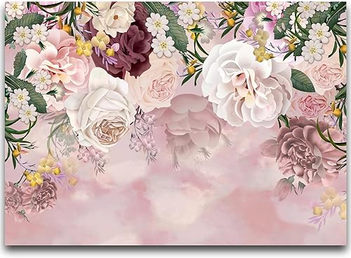 Miniatura 8 de Mural de pared de flores, papel tapiz 3D de peonía rosa y beige para baño, sala de estar, dormitorio, 155 x 103 pulgadas (no se pega ni se pega)