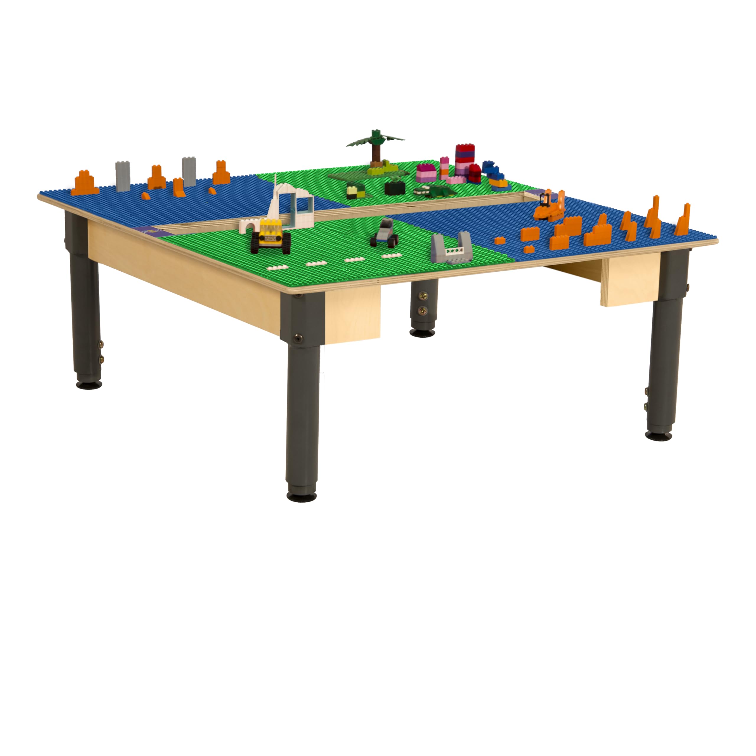 Wood Designs Time-2-Play 2-in-1 Montessori Kids Play Table, 35”W Blue & Green Square Activity Table with Trough for Toddlers Compatible with Lego Building Blocks [12”-17” Adjustable Legs]