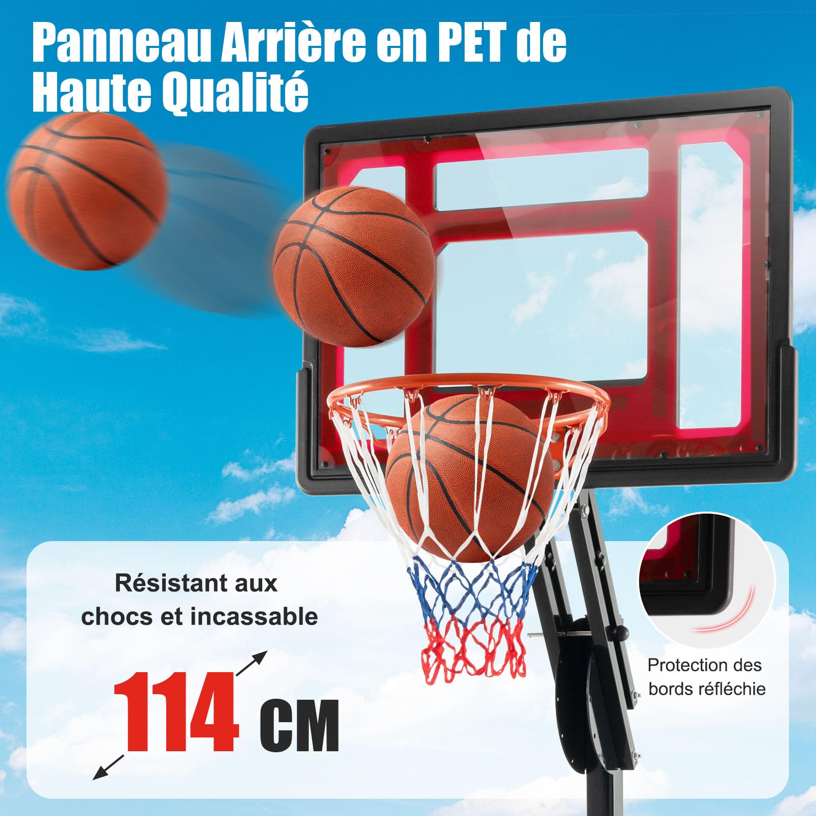 GOPLUS Panier de Basket Extérieur pour Enfants, Hauteur Réglable 100-212CM, Panier de Basket Mobile avec 2 Roues, Panneau Incassable, Base Amovible