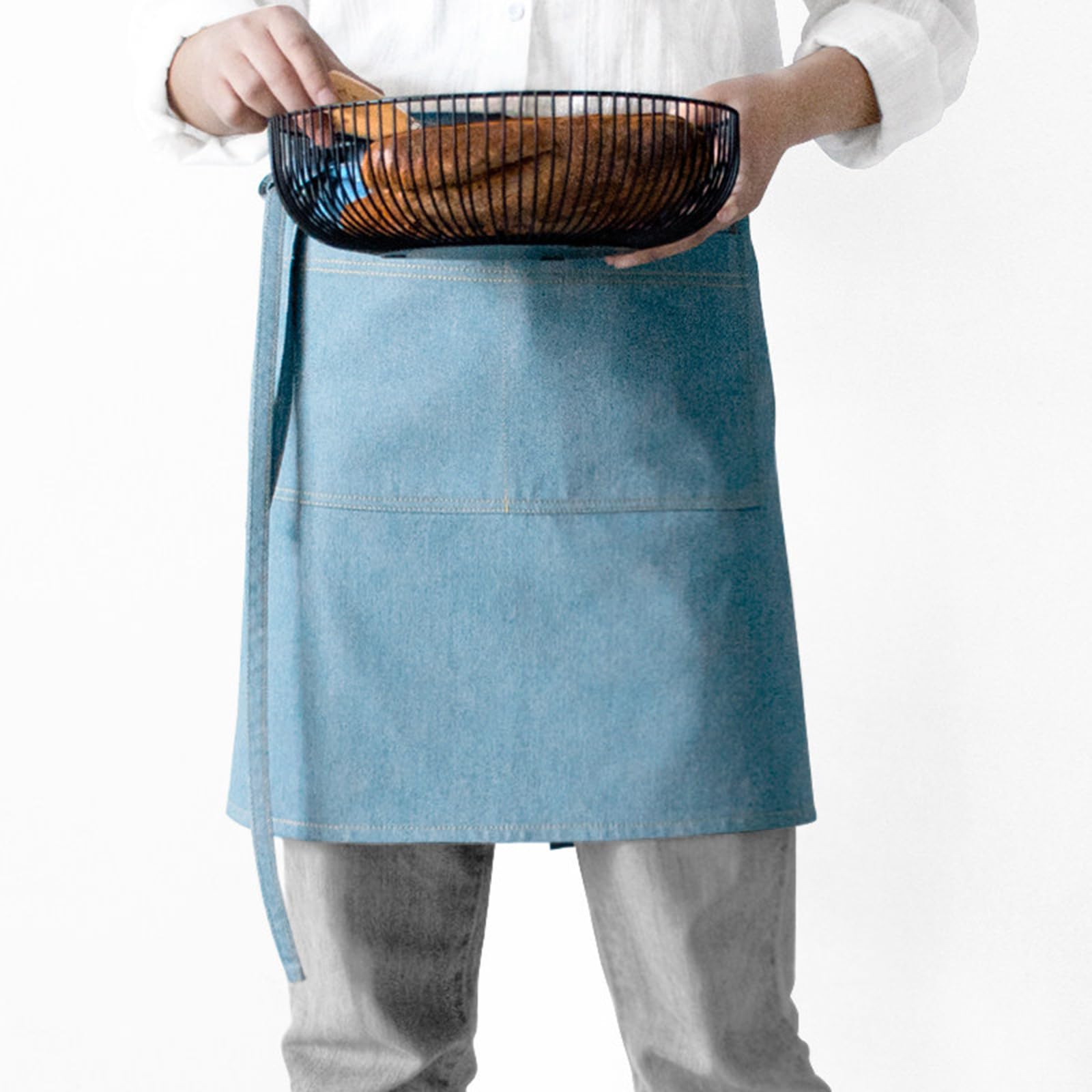 Grembiule Corto In Denim di Cotone con Tasche, Unisex – Ideale Per Camerieri, Cuochi, Panettieri, Artisti e Lavoro In Caffetteria