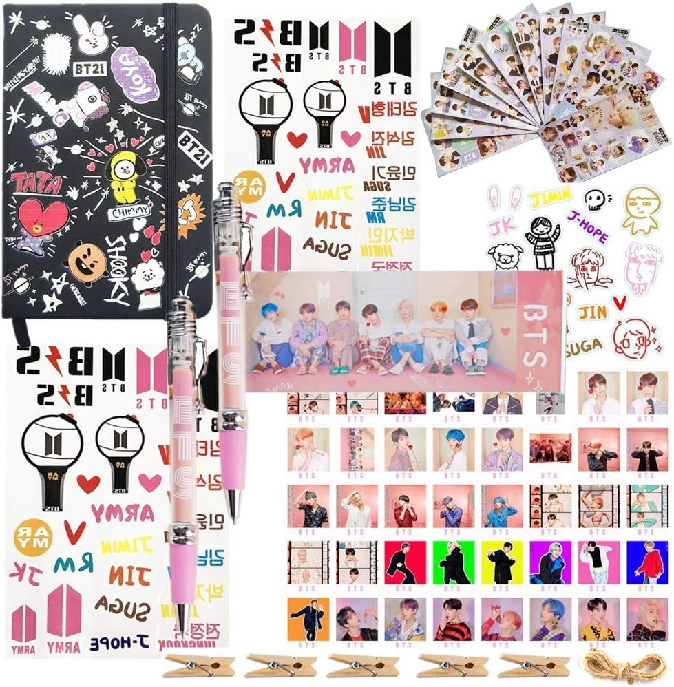Bangtan Gifts Set for Army- 1Pcs Cartoon PU Notebook | 54Pcs Lomo Card | 2Pcs Pen |12 Sheet of Stickers