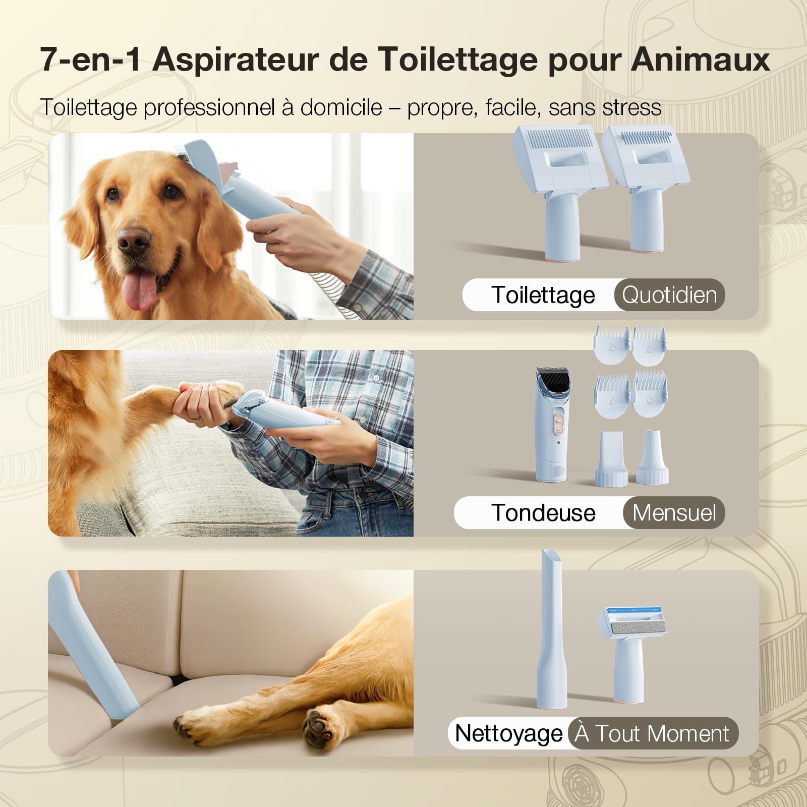 PETGUGU Aspirateur Poil de Chien, 7-en-1 Tondeuse Chien Professionnelle 11000Pa, Kit de Toilettage Silencieux pour Chiens et Chats, Trimmer Animaux avec 2,5L Réservoir, 3 Niveaux d’Aspiration, M1 Pro