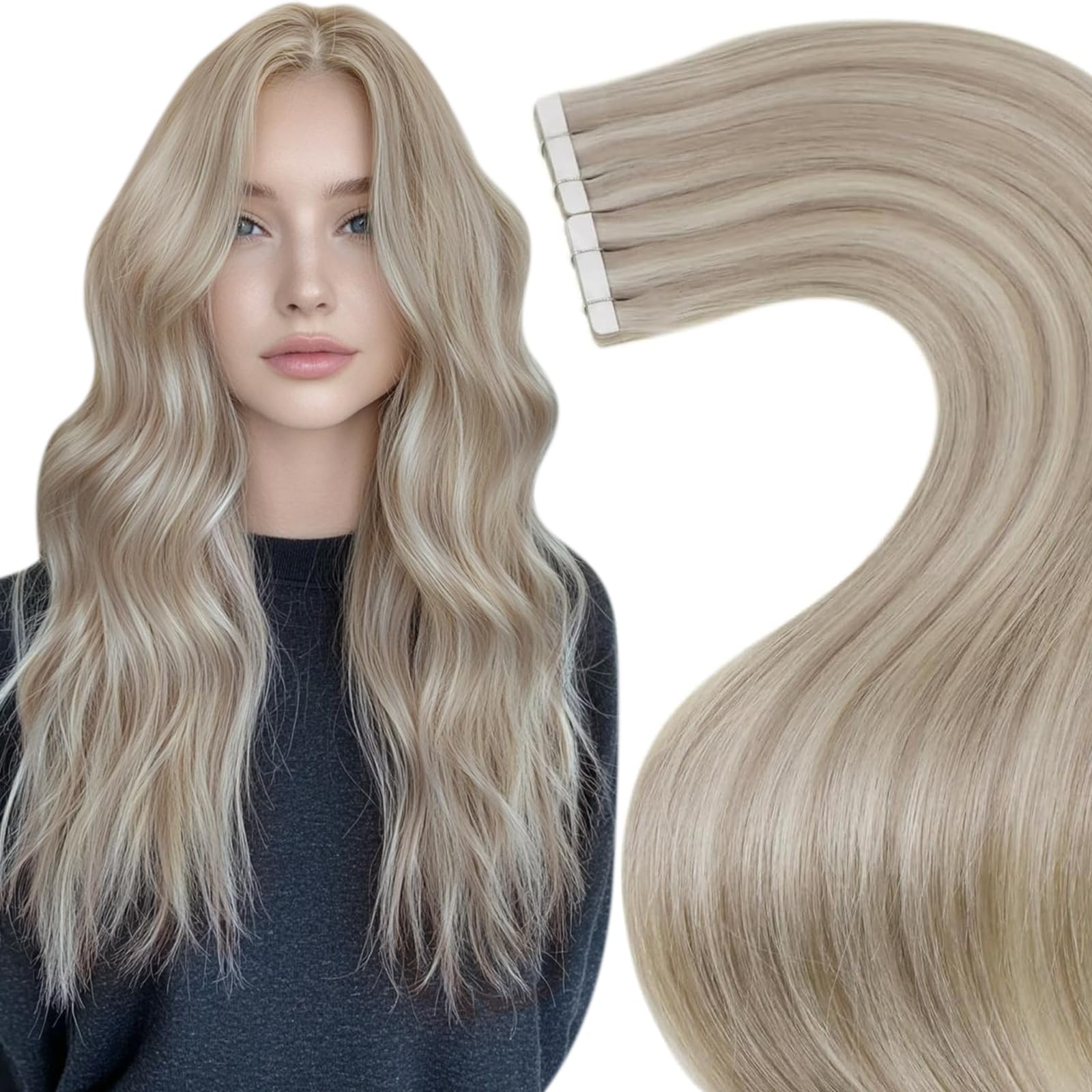 LaaVoo Tape in Hair Extensions Human Hair Blonde Tape Hair Extensions Real Human Hair Invisible Tapes Remy Straight Balayage Brown to Blonde Hair Double Sided Tabs 20pcs 50g 18 Inch #8/18/60 — view 16