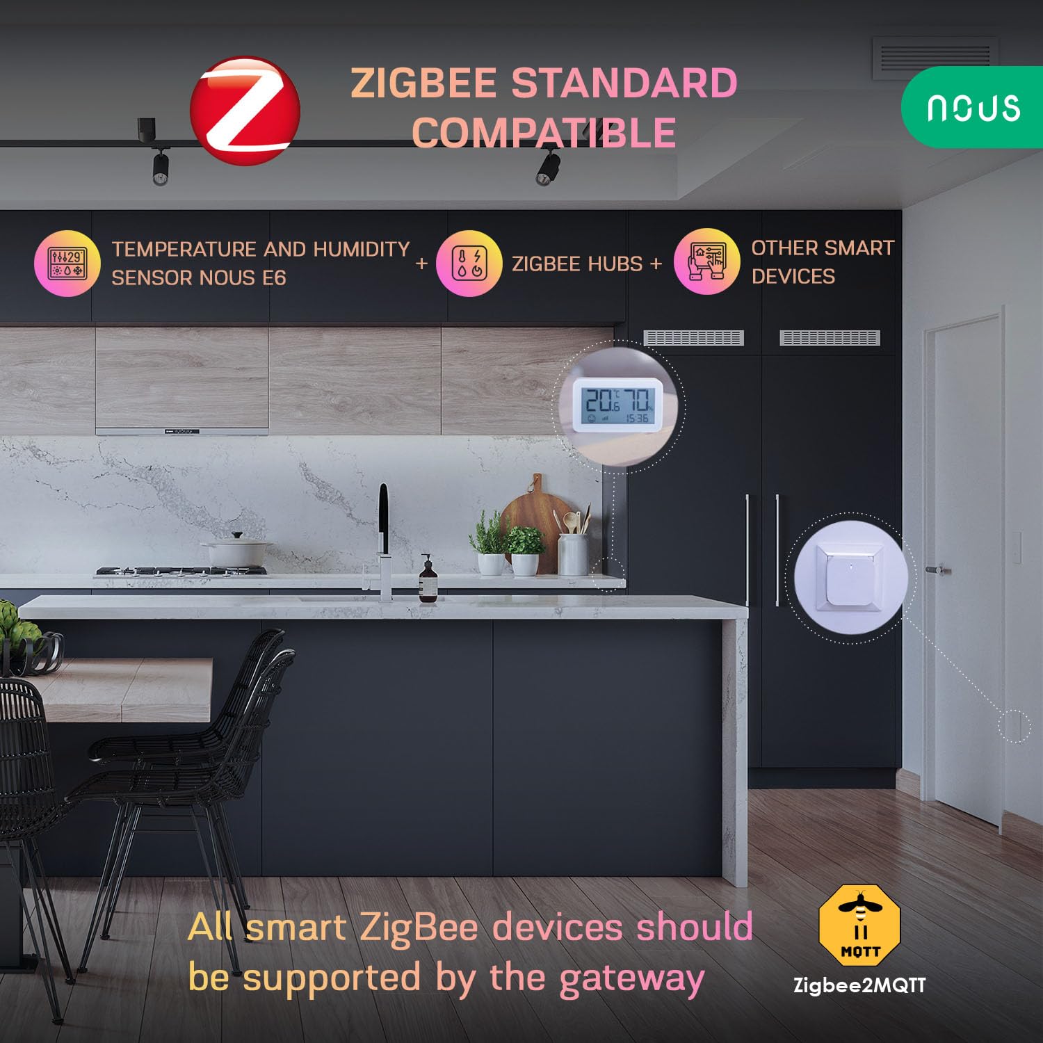 NOUS E6 ZigBee Czujnik temperatury LCD, higrometr Inteligentny termometr cyfrowy Czujnik temperatury Alexa, aplikacja termometru, TUYA smart life, asystent domowy Google, ZigBee2MQTT