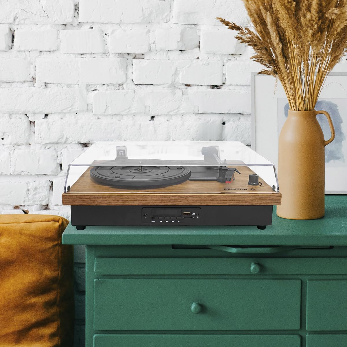 PRIXTON Platine Vinyle Studio, Tourne Disque Vintage, Lecteur de Vinyles et de Musique Via Bluetooth/USB/SD/Radio, 2 Haut-parleurs intégrés, Convertisseur des vinyles, Housse Anti-poussière, Bois
